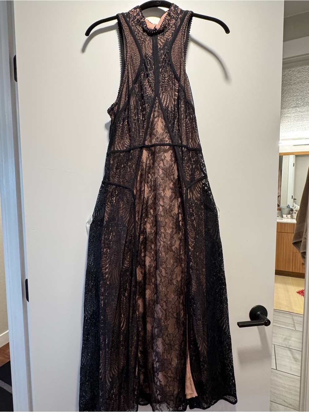 Anthropologie Black Lace Midi Dress with Nude Lining